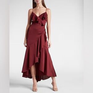 Express Satin Ruffled Wrap Hi-Lo Maxi Dress
